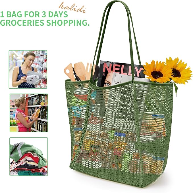 KALIDI Beach Nylon Mesh Tote Bag, Casual Tote Bag Hobo Women Foldable MAX 23L Shoulder Bag For Beach Picnic Vacation