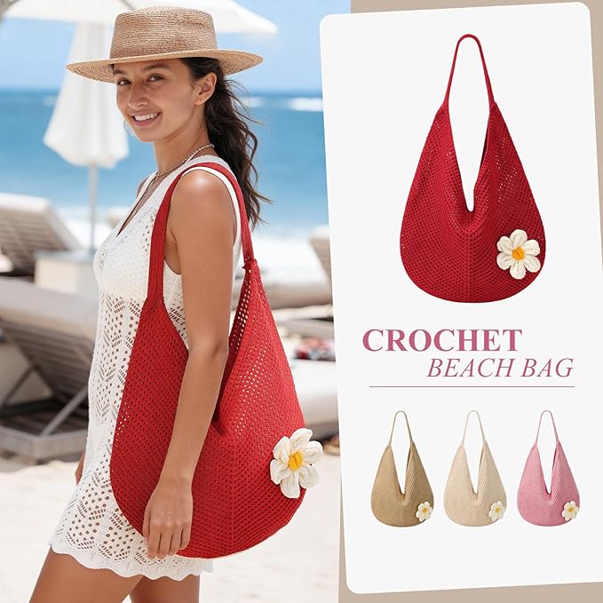 Premillow Crochet Beach Bags for Women, Summer Beach Tote Bag, Mesh Cute Beach Purse, Aesthetic Knit Bag Handbag Shoulder Bag