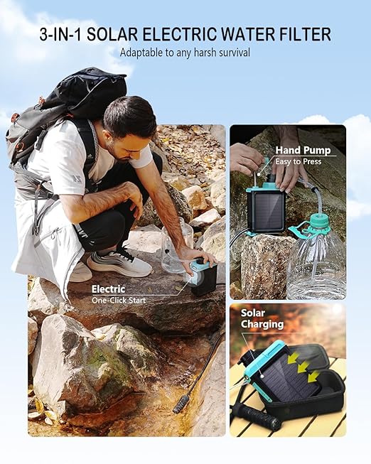 BKLES 3-in-1 Solar Electric Water Filter with Hand Pump - Camping Water Filtration System Survival, Portable Water Purifier with Emergency Light, Survival Kit for Backpacking, Birthday Gifts for Men