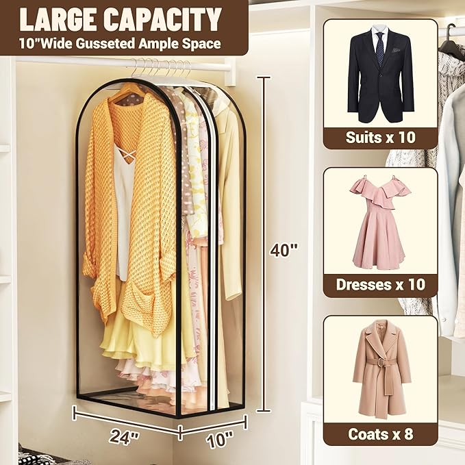 Garment Bags for Hanging Clothes 40” Long,Ultra Clear Suit Bags for Closet Storage, Moving Organization, Travel Covers with 10" Gussets for Coat, Dress, Shirt and Sweater - 4 PCS