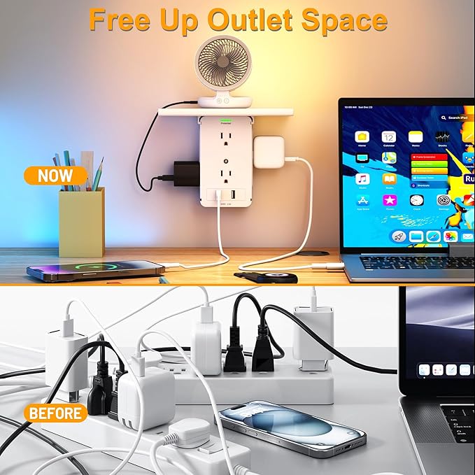 Socket Wall Shelf-CFMASTER 10 Port Surge Protector Wall Outlet, 8 Electrical Outlet Extenders and 2 USB Ports 2.4A, with Removable Built-In Shelf, FCC Listed (1, White)