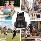 Swim Bag for Kids Mesh Beach Backpack for Boys Lightweight Drawstring Beach Bag Swimming Pool Sports Gym String Bag (Black)