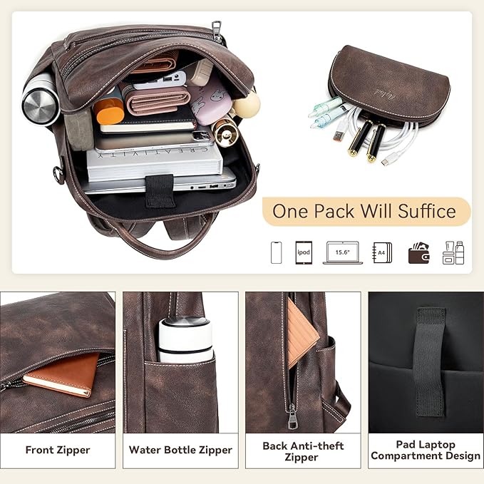 AGLOD Vegan Leather Laptop Backpack for Women 15.6 Inch Work Backpack Purse for Travel College