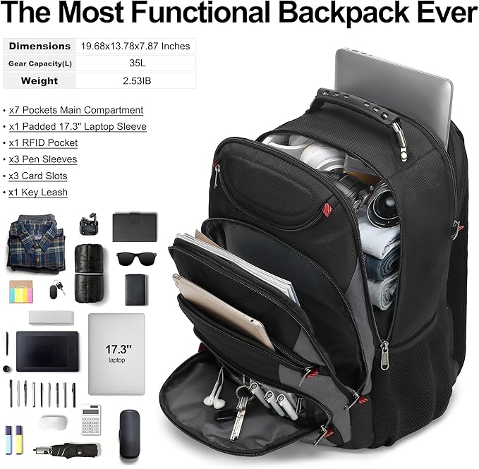 Boavan Laptop Backpack for men, 17.3 inch Laptop Bag with USB Port, Waterproof Travel Work Backpack Purse, Anti-Theft Teacher Nurse Doctor Casual Bookbags Office Business backpack，Black&Dark Grey