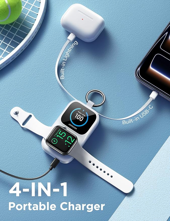 JOYROOM Portable Charger, Power Bank with Built-in Cables & LED Display, 5000mAh 20W PD Fast Charging & Fast Recharge, Travel Keychain Battery Pack for iPhone 17/16/15/14/13/12 & Apple Watch, White