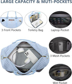 Women Weekender Travel Duffle Bag: Travel Duffel Overnight Bags with Shoe Compartment Large Carry on Tote with Toiletry Bag Weekend Traveling Yoga Gym Hospital Bag for Women with Wet Pocket Light Blue