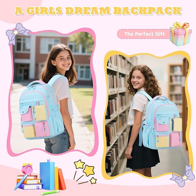 Kids Backpack, Backpack for Girls for Elementary School Multiple Pockets Ages 6-10(Blue)