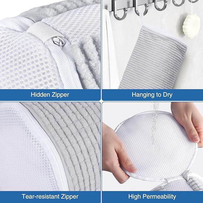 Teletrogy Shoe Laundry Bags for Washing Machine, Reusable Laundry Shoe Bag for Washer and Dryer, Fluffy Fibers 360° Wrap Around Cleaning, Adjustable Protective Shoe Trees - Home Dorm Travel, Gray