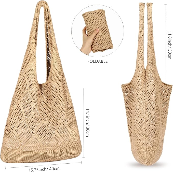 WantGor Crochet Bags, Beach Mesh Tote Bag Womens Shoulder Shopping Handbag Casual Travel Totes Bag Foldable Hobo Bags