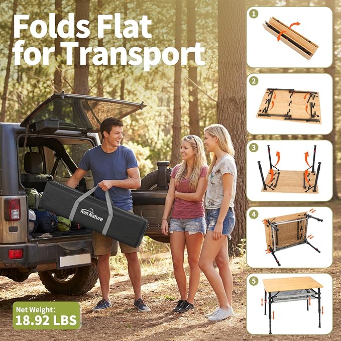 Join Nature 39.4'' Large Bamboo Camping Table, Adjustable Height Folding Outdoor Table with Aluminum Frame, Portable Camp Table with Carry Bag for Camping, RV, Picnic & Tailgating