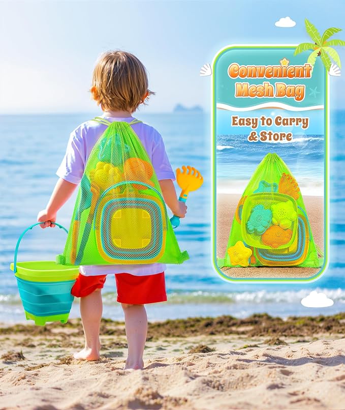 DUDUCOFU Collapsible Beach Sand Toys for Kids Toddlers, Collapsible Sand Bucket with Sifter Shovels Set with Mesh Bag and Sand Molds, Travel Beach Sandbox Toys for Boys Girls 3 4 5 6 7 8 9 10
