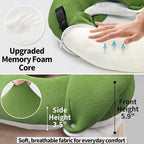 BUYUE Travel Neck Pillows for Airplanes, Memory Foam 360° Head Support Sleep for Long Flight, Skin-Friendly & Breathable, Kit with Eye Mask, Earplugs and Storage Bag (Adult, Green, 90+ lbs)