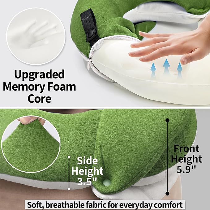 BUYUE Travel Neck Pillows for Airplanes, Memory Foam 360° Head Support Sleep for Long Flight, Skin-Friendly & Breathable, Kit with Eye Mask, Earplugs and Storage Bag (Adult, Green, 90+ lbs)