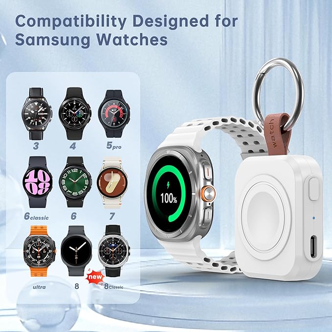 for Samsung Galaxy Watch Charger,1200mAh Portable Charger for Samsung Galaxy Watch 8/8 Classic/7/Ultra/6/6 Classic/5/5 Pro/4/3,Active 2/1 (White)