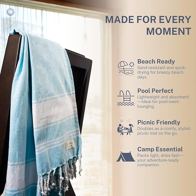 Cotton Turkish Beach Towel with Towels Oversized 36"x72" Pool Absorbent Extra Large Quick Dry Sand Travel Towel (Aqua Blue, 4 Pack)