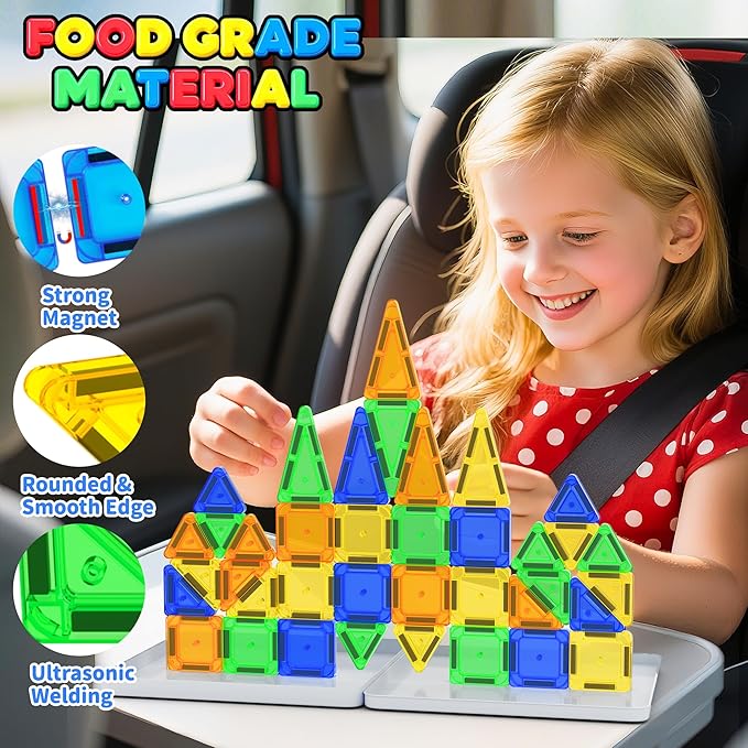 Mini Magnetic Tiles Travel Set with Case 42pcs, Bonus Sudoku Play, Mini Magnetic Blocks, Portable Travel Toy for Kids, STEM Educational Sensory Toys, Classroom Must Have