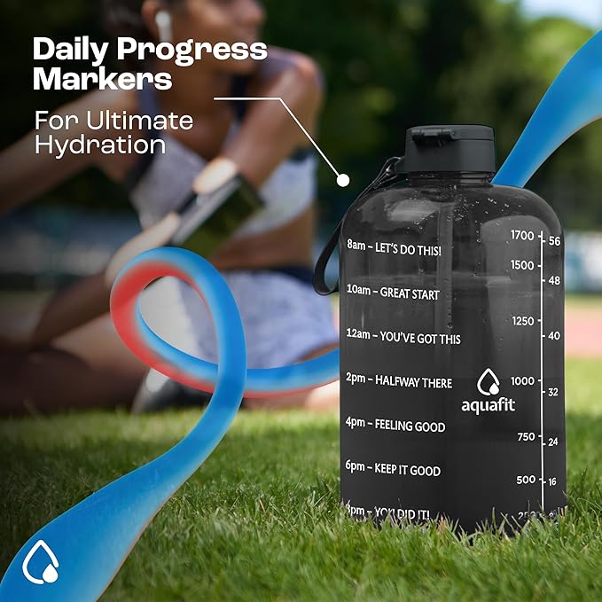 AQUAFIT Half Gallon Water Bottle with Time Marker - Straw & Chug Lid - BPA Free Gym Water Bottle with Straw - Big Gallon Jug (Clarity, 64 oz - 2 Lids)