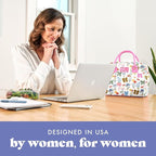 Fit & Fresh Bloomington Lunch Bag for Women - Insulated Large Lunch Box for Work with Containers, Leak-Resistant, Stain-Resistant, Zipper Closure, Color Bows & Flowers