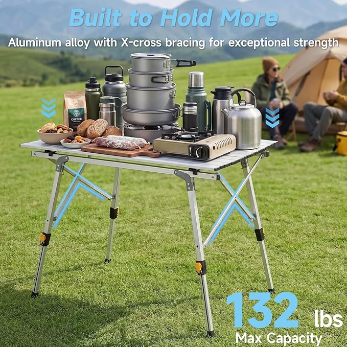Camping Table Portable Foldable with Adjustable Legs, Aluminum Roll Up Table with Large Mesh Storage Layer & Carrying Bag, Lightweight Outdoor Picnic Table for Camping, Beach, BBQ, Backyard
