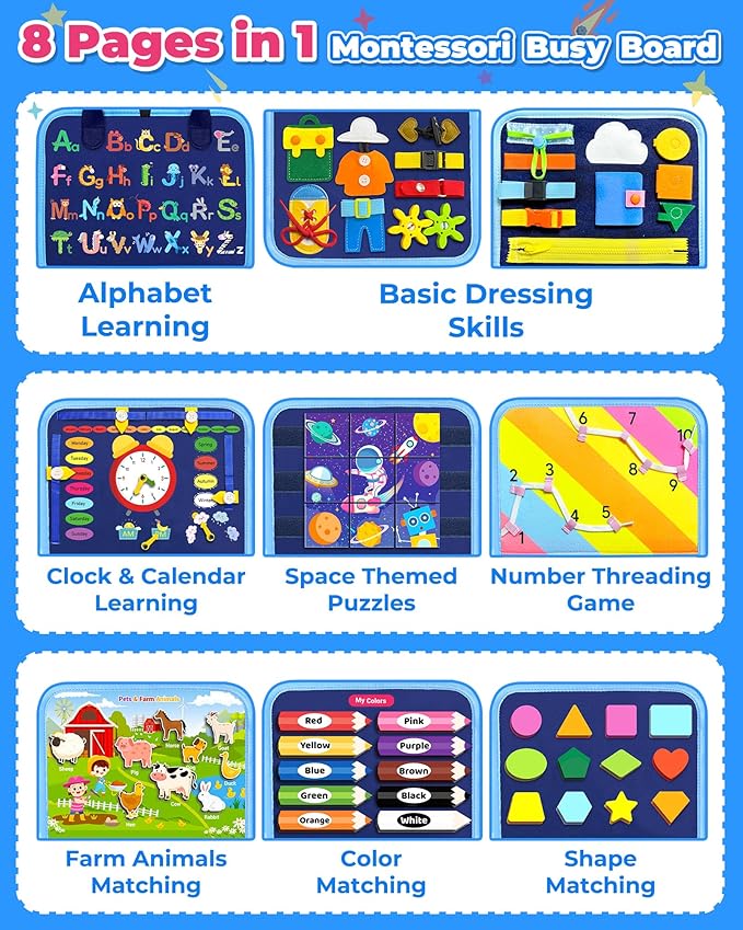 Gojmzo Busy Board Montessori Toys for Toddler Boy Birthday Gifts, Busy Book Sensory Toys for Toddlers, Learning Educational Toddler Travel Activities