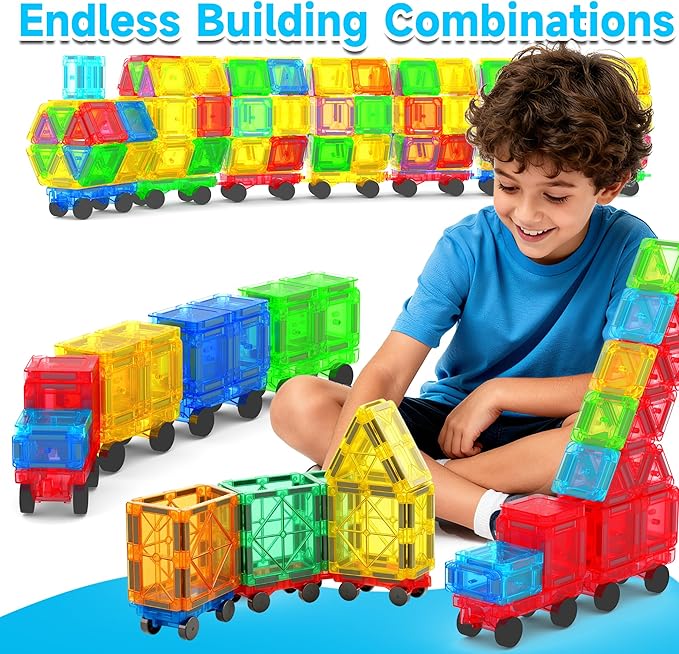 Mini Magnetic Tiles Cars Construction Set - 8 PCS Magnetic Car Base Compatiable with Mini & Standard Tiles, Magnet Building Blocks Expansion Set, Magnet Bricks Truck Toy for Boys & Girls