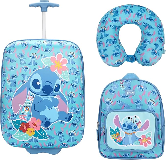 Bioworld Lilo & Stitch Kids' 3-Piece Travel Set With Luggage, Backpack, and Neck Pillow