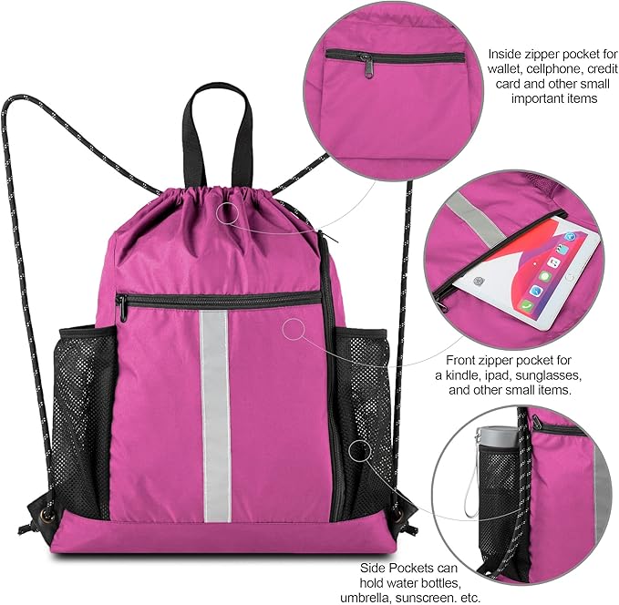 BeeGreen Pink String Backpack Large Drawstring Bag Cinch Sack w Shoe Compartment & Two Side Mesh Pockets Lightweight Sturdy Drawstring Gym Sackpack for Unisex