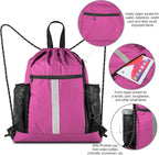 BeeGreen Pink String Backpack Large Drawstring Bag Cinch Sack w Shoe Compartment & Two Side Mesh Pockets Lightweight Sturdy Drawstring Gym Sackpack for Unisex