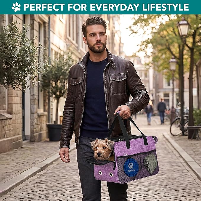 PetAmi Dog Purse Carrier for Small Dogs Cats, TSA Airline Approved Soft-Sided Pet Carrier with Pockets, Ventilated Travel Tote Bag with Bed & Shoulder Strap, Puppy Kitten, Max 12 lbs, Purple