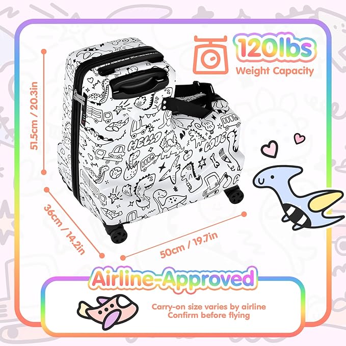 smilesun 22" Kids Ride-On Suitcase with Safety Strap, Multifunctional Kids' Luggage with Double Spinner Wheels, Durable and Lightweight for Boys and Girls Ages 2-10 (White, 20-inch)