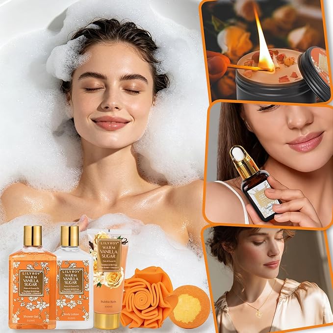 Gifts for Women - Vanilla Sugar Bath and Body Spa Gift Basket for Women, Spa Kit with Necklace | Gifts for Christmas, Valentines Day, Skin Care Set for Women, Mother‘s Day Gift for Mom & Wife