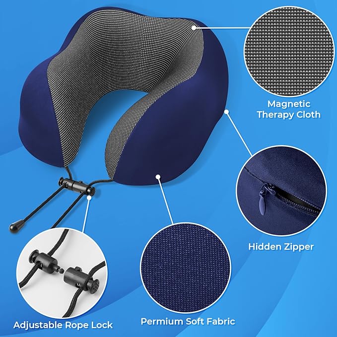ExploreBliss Travel Pillow, Travel Pillows for Sleeping Airplane, Neck Pillow Airplane, Memory Foam Neck Pillow Set with Eye Mask, Earplugs and Storage Bag -Blue