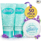LavaPop - Hotel Soap, Shampoo & Conditioner 3-Piece Set - Iris, Violet & Amber, 0.7 oz each, 150 Pcs - Calming & Comforting Travel Size Amenities - Bulk Toiletries for Airbnb, Motels & Guest Rooms