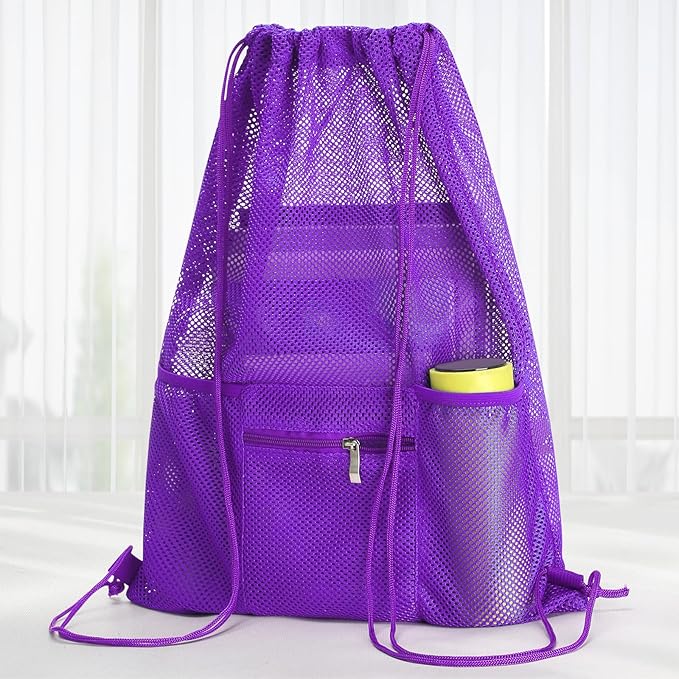 NATURAL STYLE Mesh Drawstring Backpack Bag, Gym Sports Bag with Zipper Pocket Bottle Holder, String Beach Bag for Swiming Travel (Purple)
