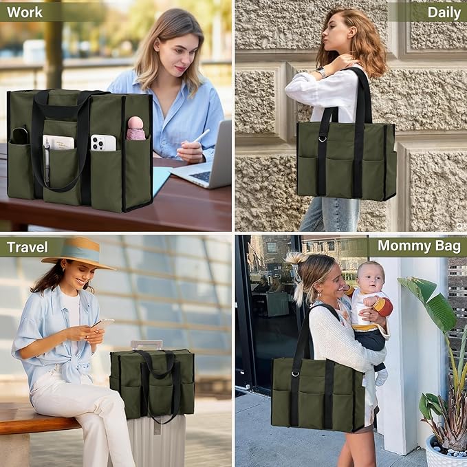 Becokan Large Tote Bag for Women Waterproof with 12 Pockets Top Zipper Closure Utility Teacher Nurse Bags for Work School