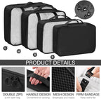 KPX 8 Set Packing Cubes for Travel, Luggage Packing Organizers Accessories Large Toiletries Bag for Clothes Shoes Cosmetics (Black)