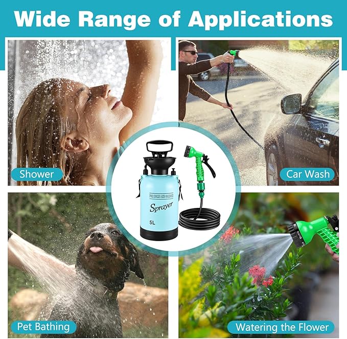 Vevitts Portable Pressure Sprayer Shower 5L for Camping with 7 Spray Modes, Hand Press Camping Shower with Hose and Shower Head, Hiking Traveling Shower Garden Sprayer Pet Shower Blue