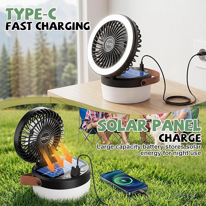 3-in-1 Camping Fan, Portable Solar Fan Rechargeable with LED Lantern, Battery Powered & Solar Camping Fan Light with Hanging Hook for Tent, 3 Speeds USB Fans for Camping Essentials, RV Travel, Outdoor