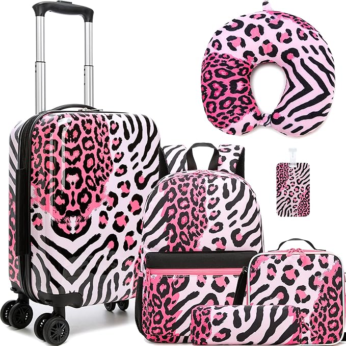 Kids Luggage with Spinner Wheels 5 Piece Carry on Suitcases for Girls Backpack with Lunch Box Pencil Case 16" Toddler Suitcase Set Airline Approved (Pink Leopard)