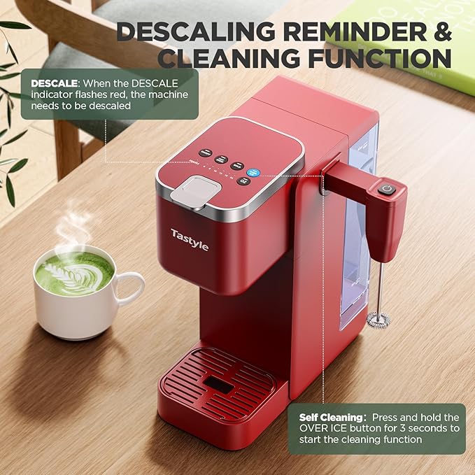 Tastyle Single Serve Coffee Maker with Built-in Detachable Milk Frother, Iced and Hot Coffee Machine for K Cup & Grounds, 40oz Removable Water Reservoir, 6 Cup Sizes, Fits 7.3" Travel Mug, Red