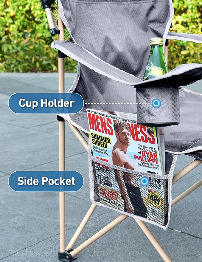 Docusvect Folding Camping Chair with Shade Canopy for Adults, Canopy Chair for Outdoors Sports with Cup Holder, Side Pocket for Camp, Beach, Tailgates, Fishing - Support 330 LBS