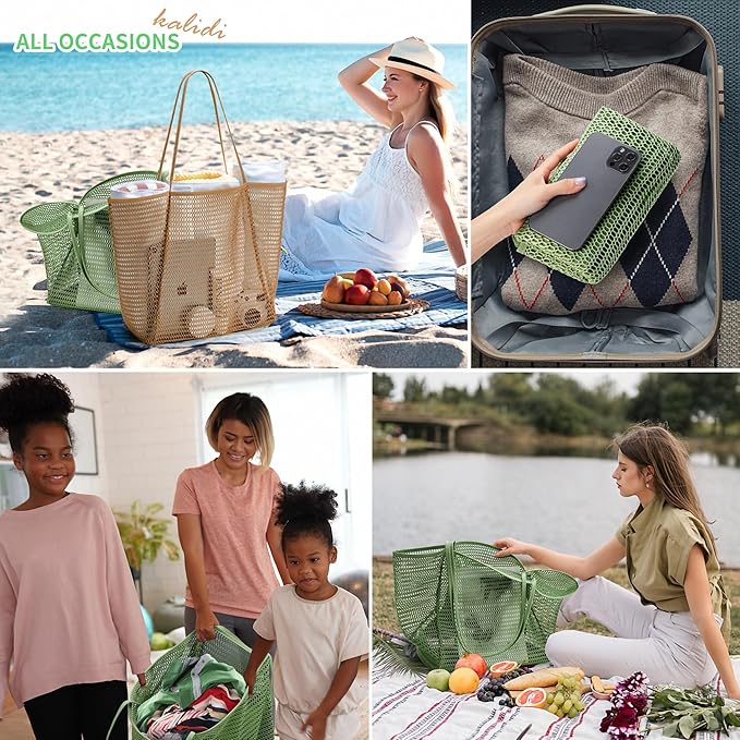 KALIDI Beach Nylon Mesh Tote Bag, Casual Tote Bag Hobo Women Foldable MAX 23L Shoulder Bag For Beach Picnic Vacation