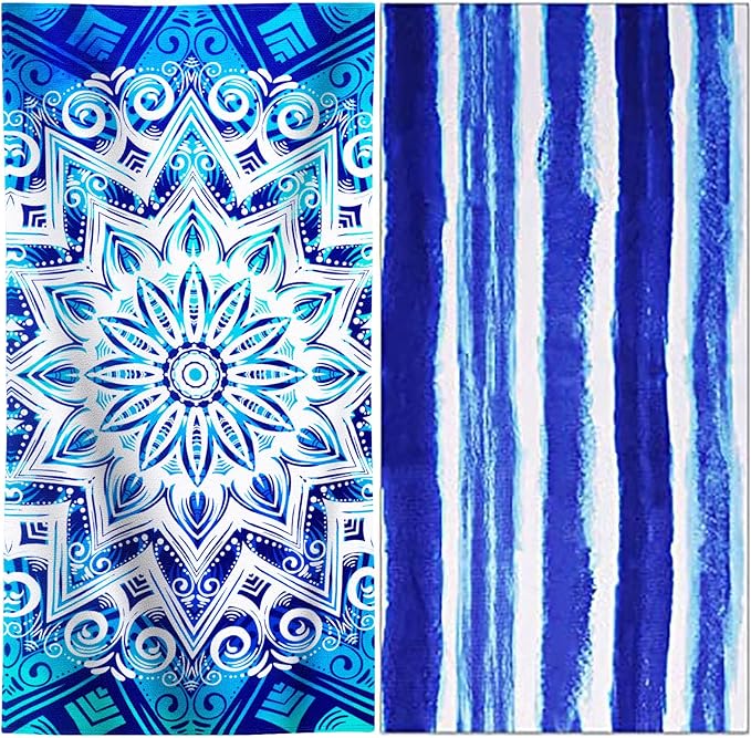 2 Packs Oversized Beach Towel Set Extra Large Big XL Pool Camping Swim Clearance Towels 36x72 Soft Blanket Cruise Essentials Accessories Must Haves Vacation Necessities Adult Blue Boho Stripe