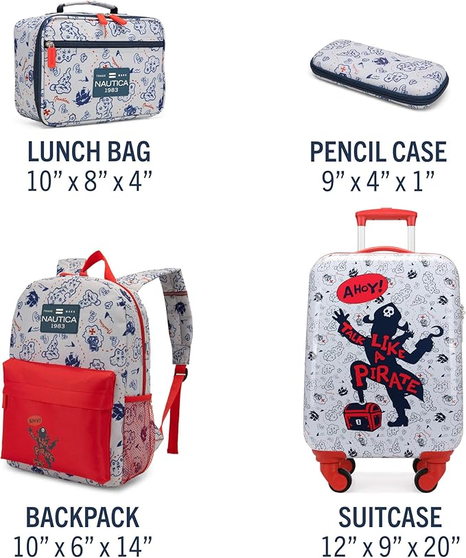 Nautica Kids Luggage - 18" Airline Approved Rolling Hardside Upright Carry-on Suitcase Set with Wheels (Pirate Ahoy | 5pc School Set)