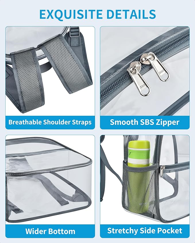 Paxiland Clear Backpack Stadium Approved 12×12×6 with Reinforced and Wider Shoulder Straps, Small Clear Bag for Schools, Concerts, Work, Festivals and Sporting Events - Grey