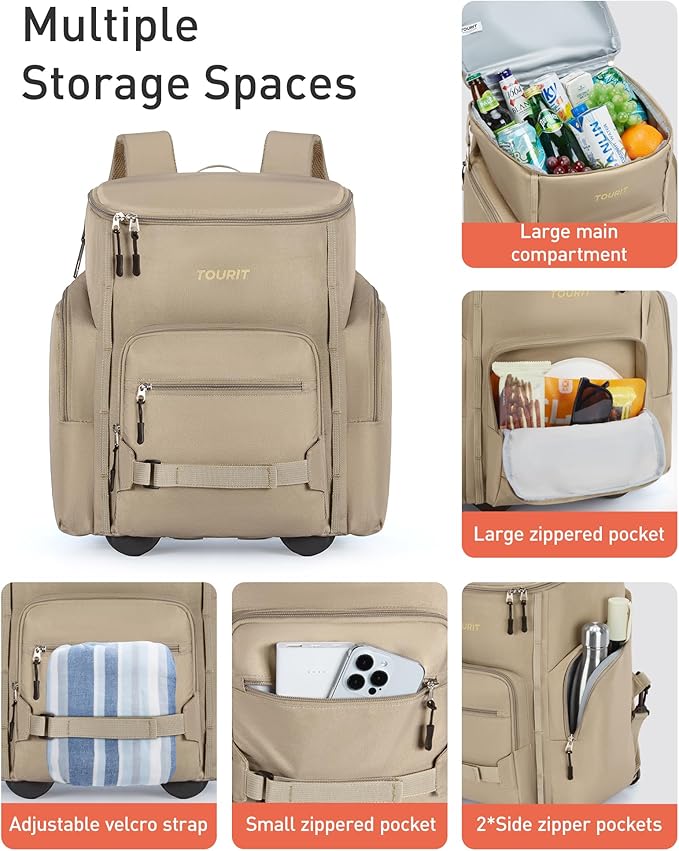 TOURIT Insulated Rolling Cooler Backpack, Leakproof Waterproof Beach Cooler Bag with Wheels and Handle, Outdoor Camping Picnic Travel