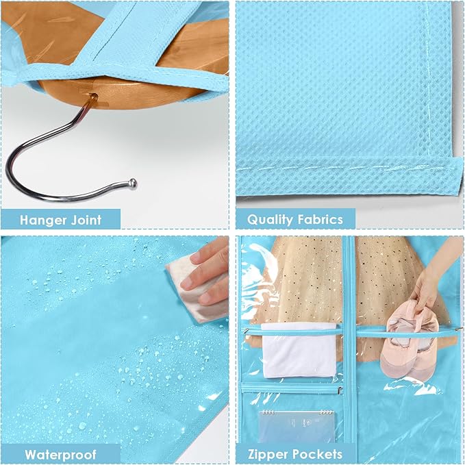 Univivi 40 Inch Girls Garment Bags for Dance Costumes, Dance Competition Garment Bag with 3 Medium Clear Zipper Pockets for Dance Essentials and Accessories, Dance Shoes (Blue), 1 Pack, UN0750