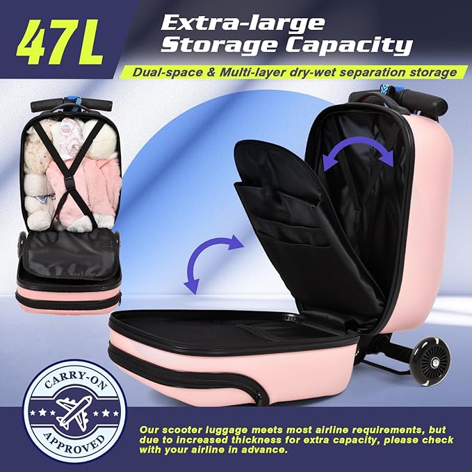 smilesun Foldable Ride On Scooter Suitcase with Front Opening, Lightweight Carry On Scooter Luggage for Adults, Teens & Kids（Pink 20-inch）