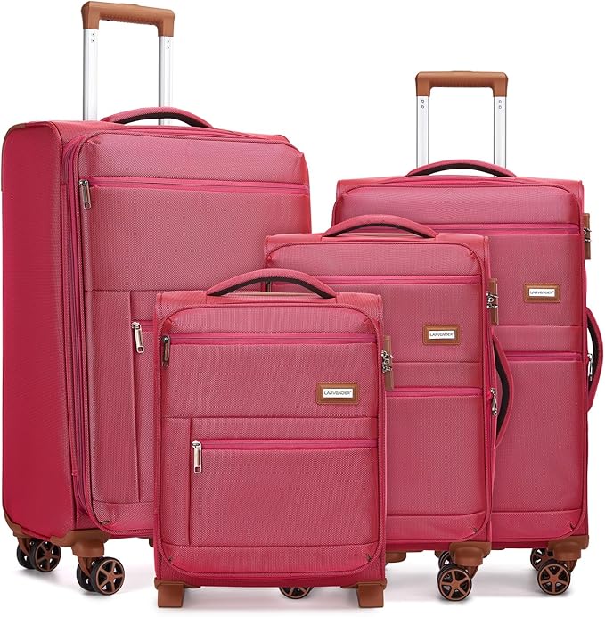 Softsied Suitcases 4 Piece Luggage, Polyester with Spinner Wheels and Lock, Suitable for Carrying Around and for Travel, Unisex, Rose Red