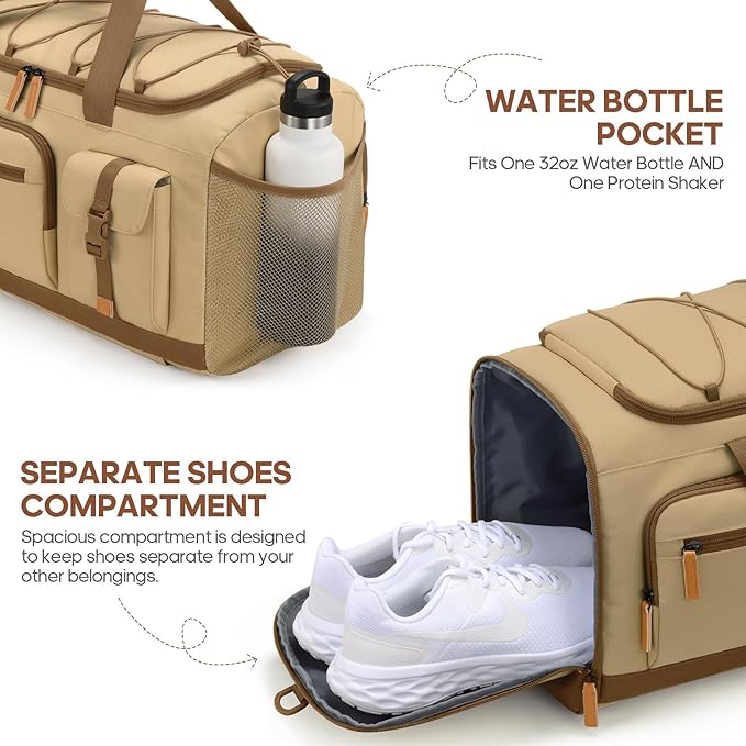 Gym Bag for Men and Women with Shoe & Laptop Compartment, 3-in-1 Sports Travel Duffel Bag Anti-Theft Weekender Carry-on Backpack for Airplane & Workout, Overnight Travel Bag, 35L, Khaki, Medium